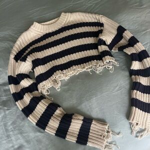 Zara Navy & Cream Cropped Striped Crewneck Sweater